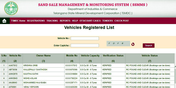 Vehicle registration list of SSMMS TS