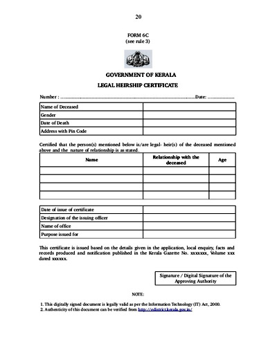 Application Form of Legal Heir Certificate Kerala