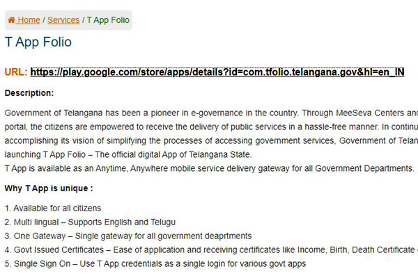Services of T app Folio Telangana