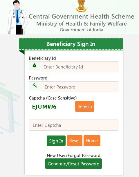 CGHS Beneficiary Login